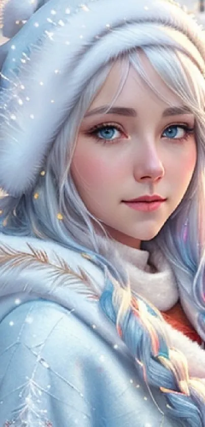 Winter fantasy art of light blue-eyed girl in snow.