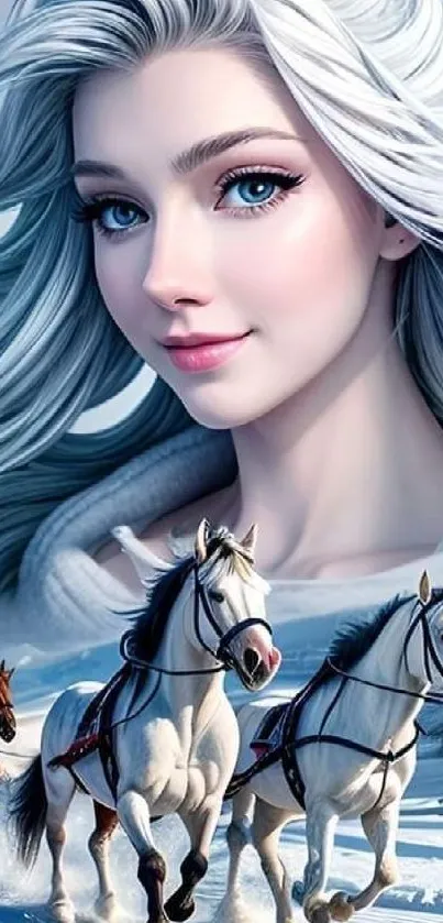 Fantasy woman with white horses in snowy landscape wallpaper.