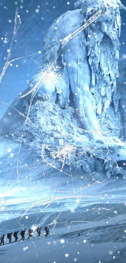 Icy giant with snowflakes in blue winter scene wallpaper.