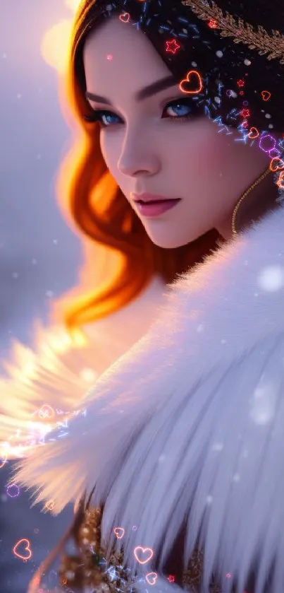 Enchanting winter fantasy art with snow-covered scene and regal figure.