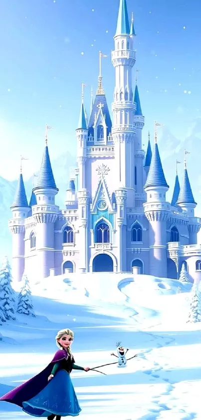 Enchanting winter castle with snow and blue sky in mobile wallpaper.