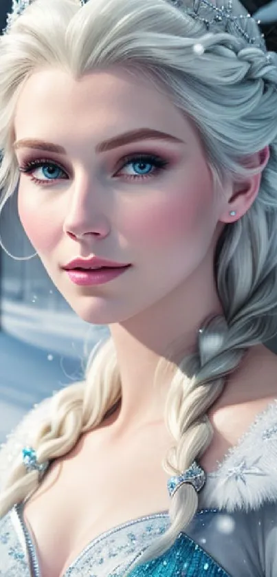 Fantasy snow queen in a winter forest setting with icy blue tones.