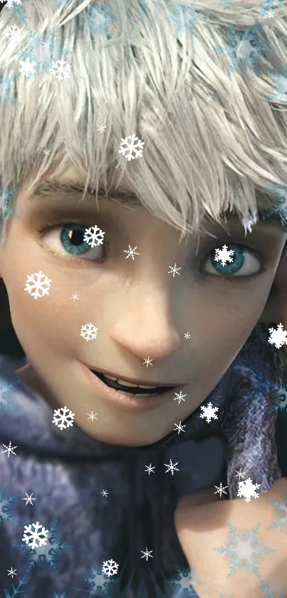 Animated character with snowy blue backdrop