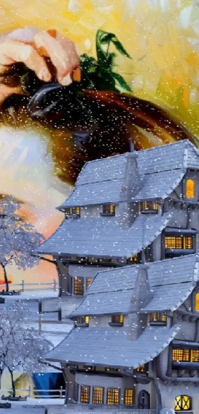 Whimsical winter scene with snow-covered cottage and abstract art portrait.