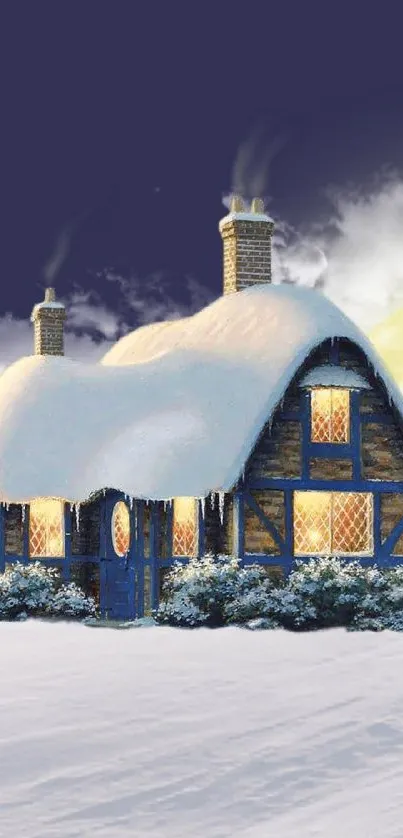 Mystical winter scene with snow-covered cottage under a full moon.