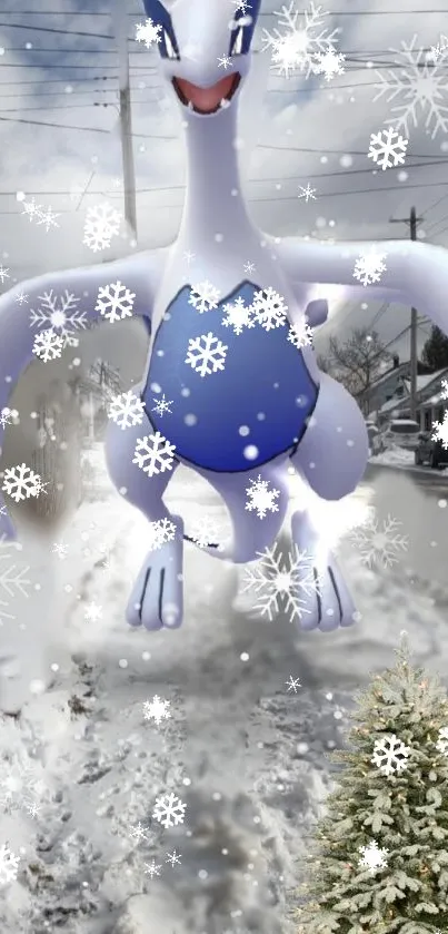 Blue creature in a snowy winter scene with snowflakes and a tree.