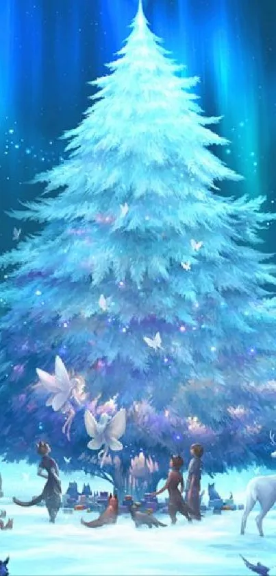 Fantasy winter forest wallpaper with glowing tree and mystical creatures.