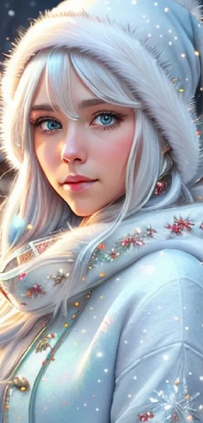 Enchanting winter girl in snowy hood, mobile wallpaper.