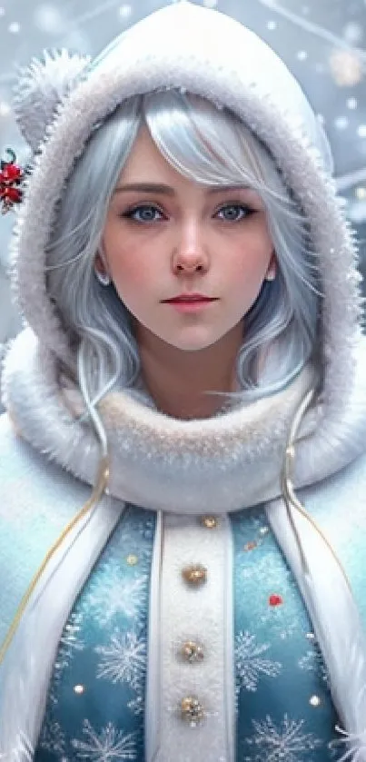 Fantasy winter portrait of a woman with silver hair in a cozy hood.