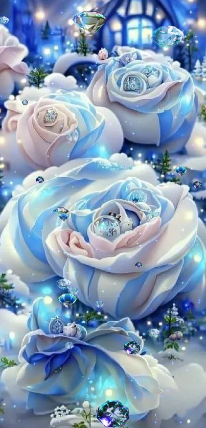 Winter fantasy wallpaper with blue and white roses.