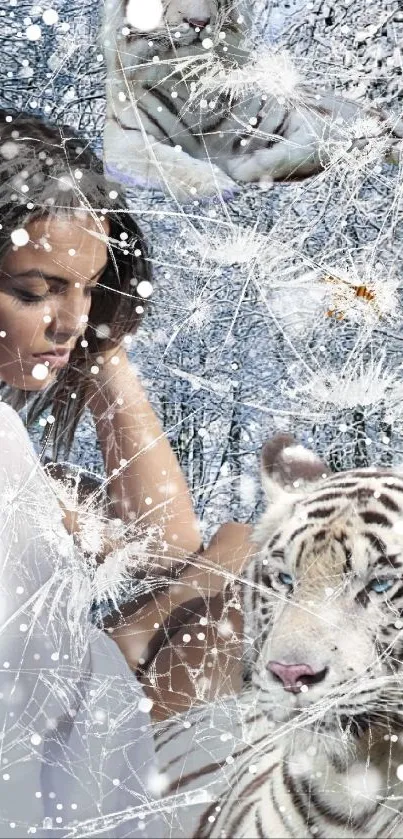 Woman with white tigers in snowy forest.