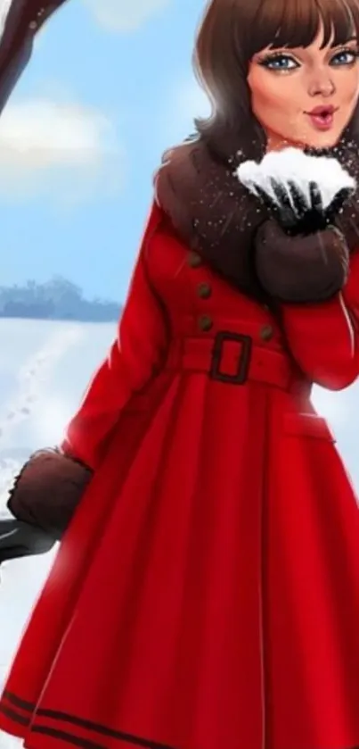 Illustration of a woman in a red coat with snowy background.