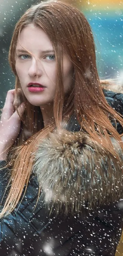 Stylish woman in snow with urban background.