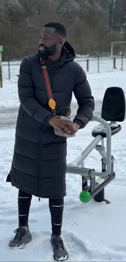 Man exercising in snowy park by outdoor gym equipment.