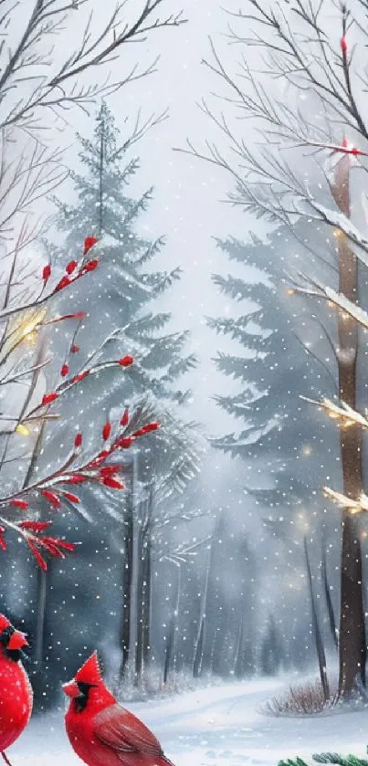 Winter scene with cardinals and snow in a serene forest setting.