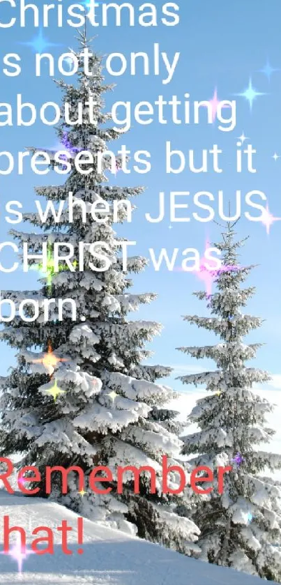 Winter forest with Christmas message on snow.