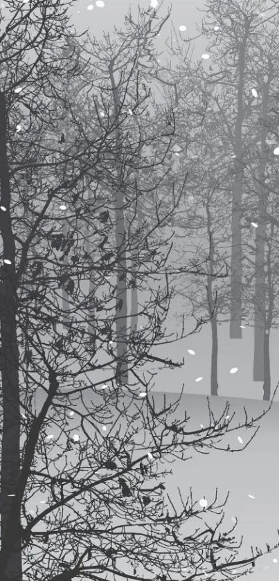 Grey toned winter forest wallpaper with falling snow.