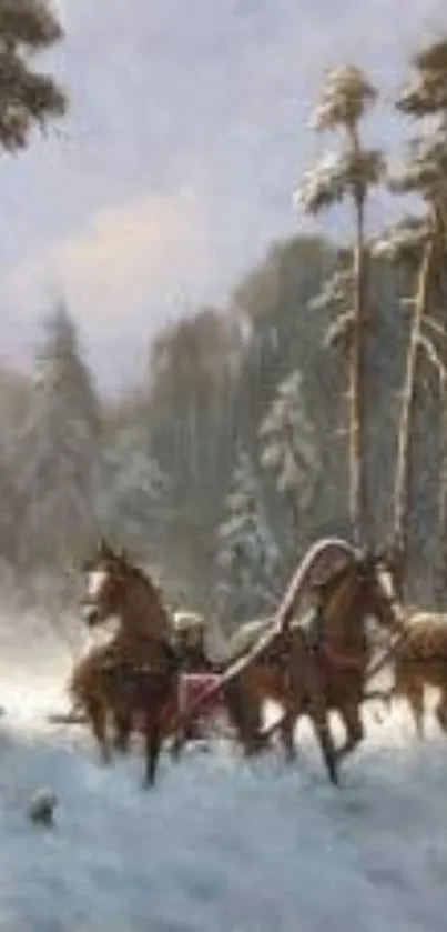 Serene winter forest with horses pulling a sleigh through snow-covered trees.