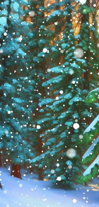 Mobile wallpaper of a snow-covered winter forest with tall pine trees.