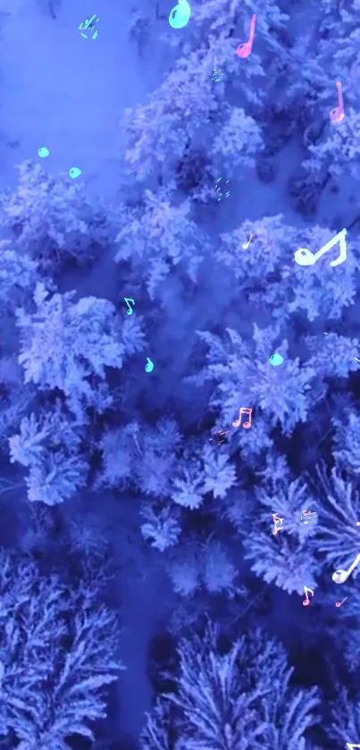 Snow-covered forest with colorful music notes.