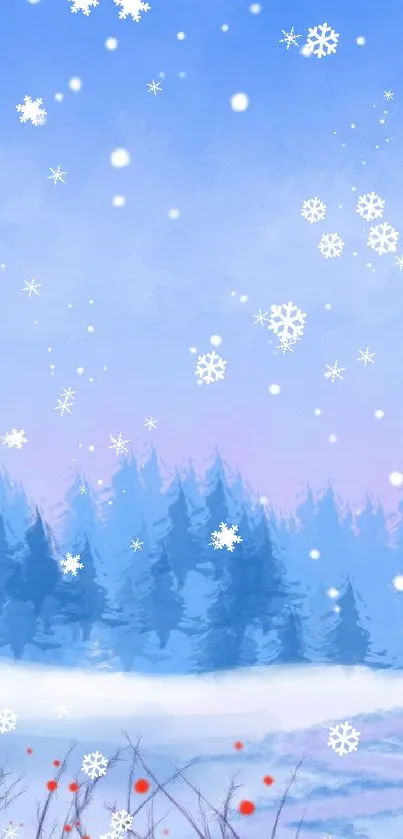 Winter forest with pastel sky and falling snowflakes, mobile wallpaper.