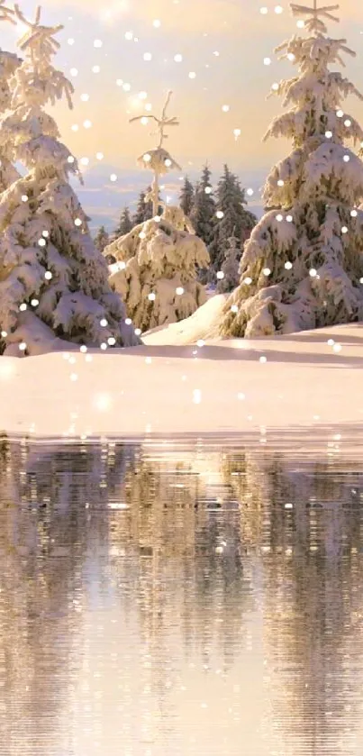 Snow-covered forest reflected in a serene lake.