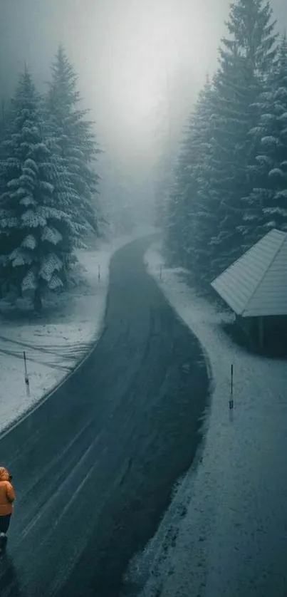 Snowy road through winter forest with misty ambiance.