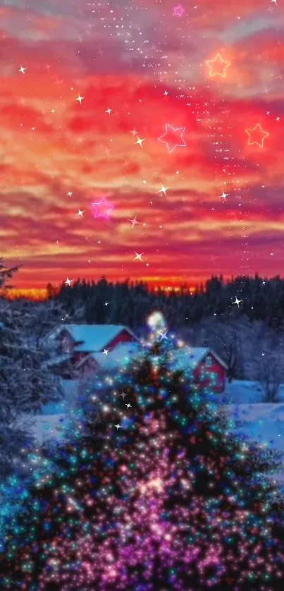 Colorful snowy forest with starry night and glowing tree.