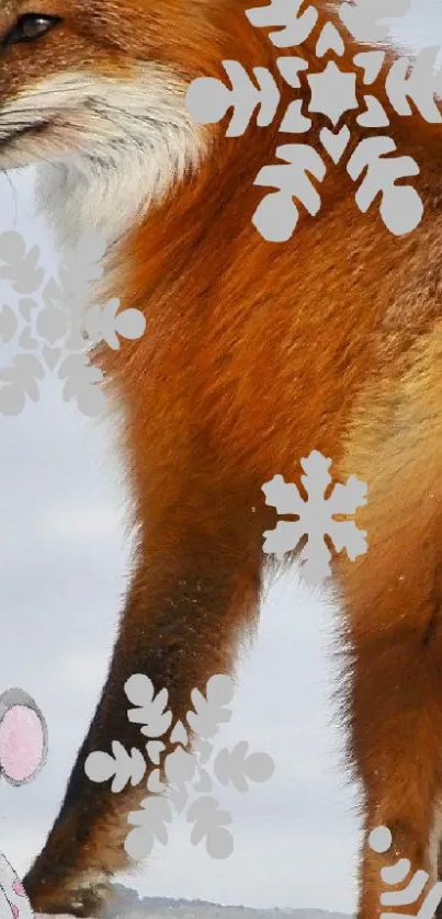 Fox in winter with snowflakes and mouse, mobile wallpaper.