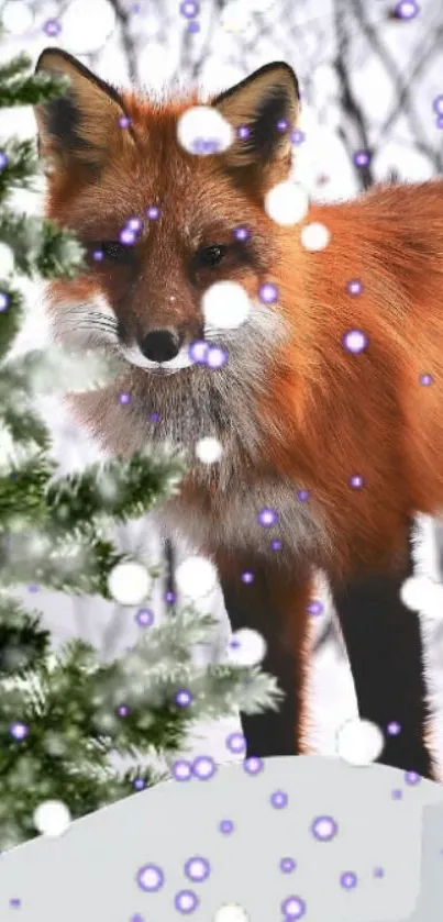 Fox in a snowy forest with falling snowflakes