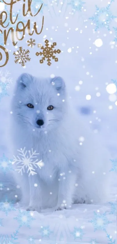 Serene mobile wallpaper of an arctic fox with snowflakes.