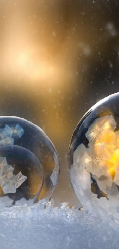 Frosted glass orbs on a snowy winter background.