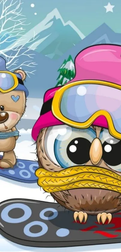 Cute cartoon owl and bear snowboarding in winter wallpaper.