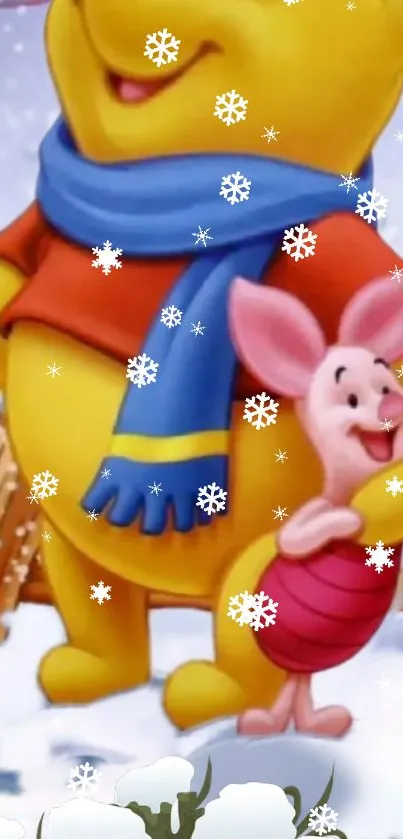 Cartoon characters enjoying winter snow scene, perfect for a cheerful phone wallpaper.