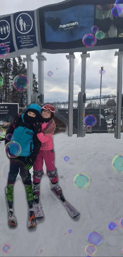 Children skiing with playful bubbles overlaying a wintry ski resort scene.