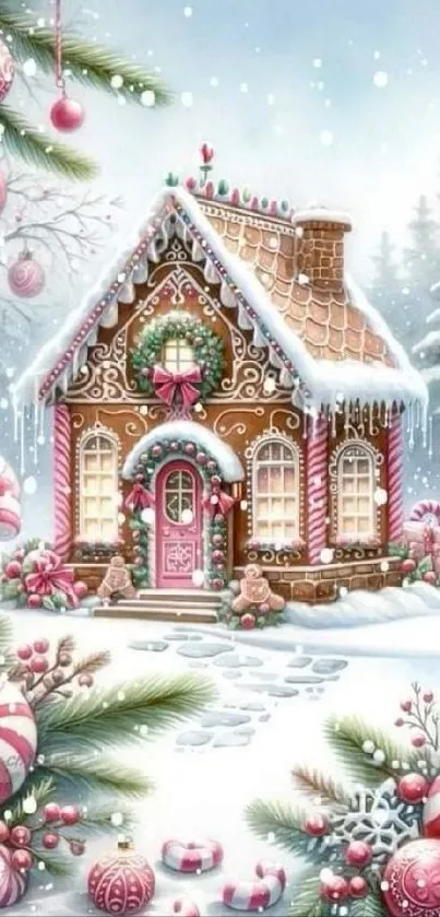 Whimsical winter gingerbread house with candy canes and snow.