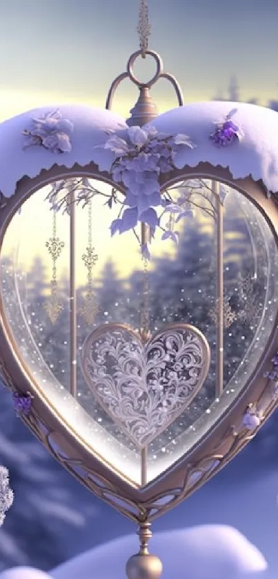 Elegant heart-shaped winter decoration with snow and purple accents.