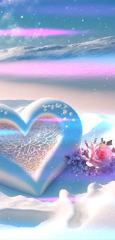 A heart-shaped ice sculpture on a snowy landscape with a rose beside it.