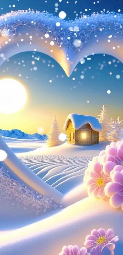 Heart-shaped winter scene with snow, cabin, and flowers.