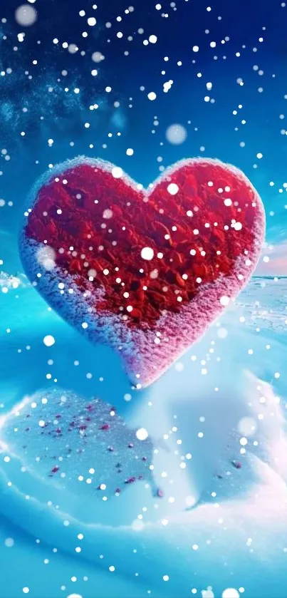 Romantic red heart in a snowy winter landscape wallpaper.