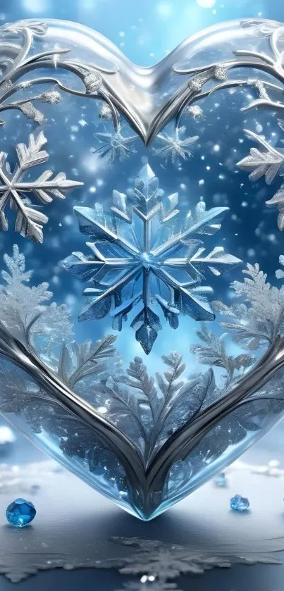 Blue snowflake heart wallpaper with frosty details.