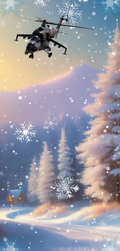 Helicopter flying over a snowy winter forest with falling snowflakes.