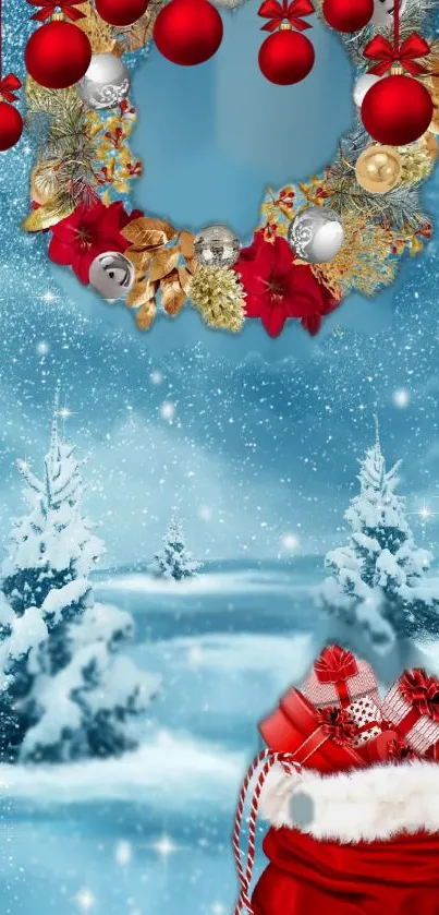 Festive winter scene with wreath and gifts.