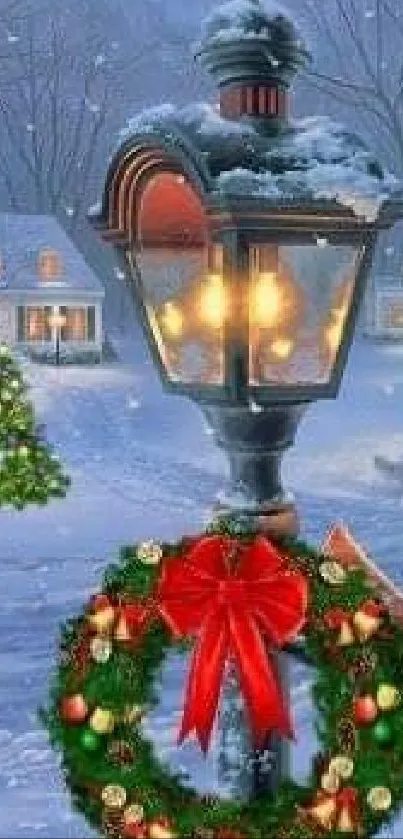 Snowy lamppost with Christmas wreath and festive winter scene.