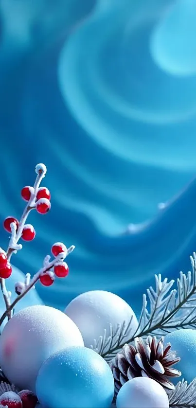 Winter-themed wallpaper with blue tones and festive decor.