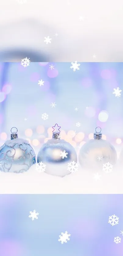 Pastel blue festive holiday wallpaper with ornaments and snowflakes.