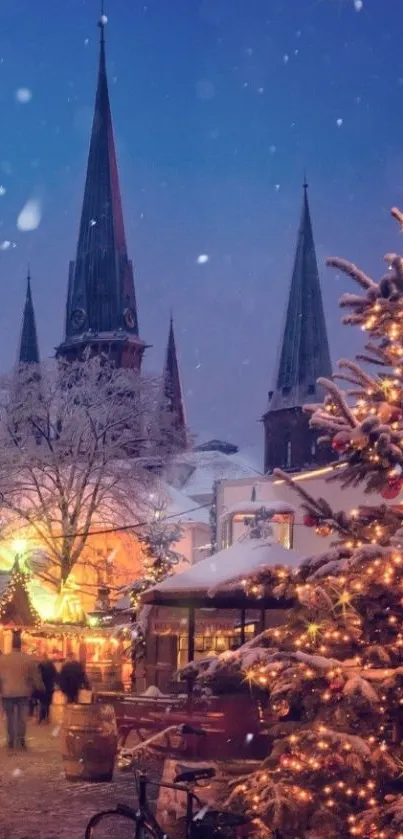 Mobile wallpaper with a snowy holiday market scene and glowing lights.