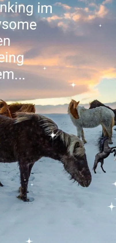 Majestic horses in a snowy field beneath a vibrant sunset sky.