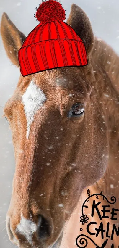 Brown horse wearing red hat in snowy setting with 'Keep Calm' text.