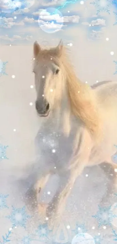 A white horse gallops through a snowy landscape with snowflakes and clouds.